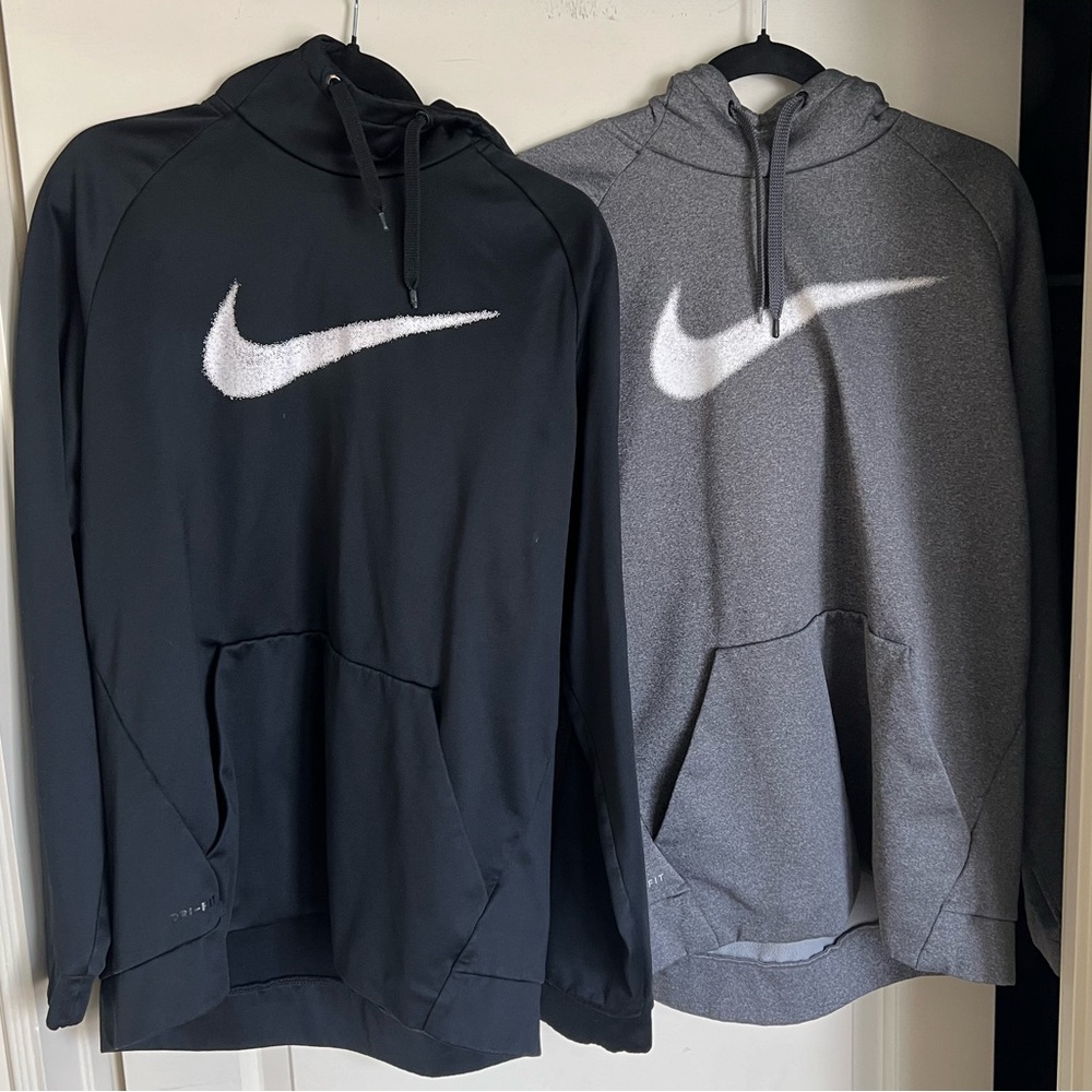 Two Nike Dri-Fit Hoodies (Gray and Black) Size XL: fit like Larges. MSRP: $130